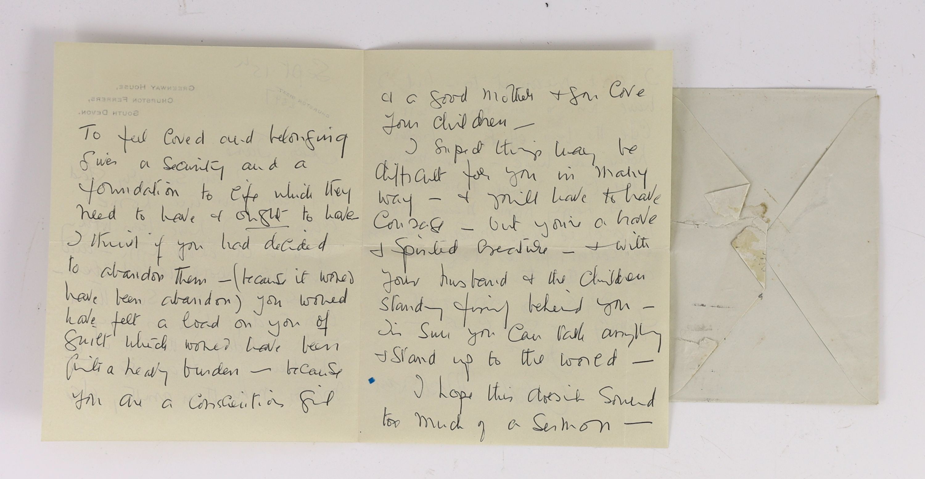 A manuscript letter from Agatha Christie to Mrs Elliot on Greenway notepaper